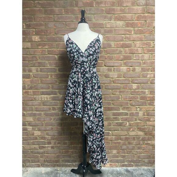 Fanco Black Floral Spaghetti Strap Asymmetrical Dress Size Medium NWT - Picture 2 of 9